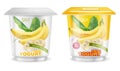 Banana yogurt package splash Vector realistic. Product placement label design. Mock up 3d illustrations