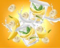 Banana yogurt package splash Vector realistic. Product placement label design. Yogurt pourring liquid. Mock up 3d