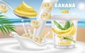 Banana yogurt Vector realistic mock up. Product placement label design. Yogurt pourring liquid. Tropic background. 3d