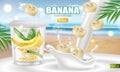 Banana yogurt Vector realistic mock up. Product placement label design. Yogurt pourring liquid. Tropic background. 3d
