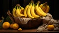Still life of bananas bunches in a basket with other fruits