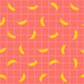 Bananas on coral red background seamless vector pattern. Colorful Back to school background