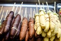 Bananas covered in chocolate for sale at the fair Royalty Free Stock Photo