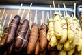 Bananas covered in chocolate for sale at the fair Royalty Free Stock Photo