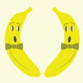 Bananas are surprised and shocked. Yellow bananas with butterfly - sticker. Vector.
