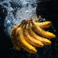 Bananas falling in water with splash on black background. Ai generate Royalty Free Stock Photo