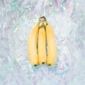 Bananas in iridescent neon background. Abstract holographic soft pastel colors backdrop. Hologram aesthetic foil. Trendy vaporwave