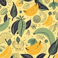 bananas and kiwi fruits on a soft yellow background