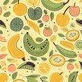 bananas and kiwi fruits on a soft yellow background
