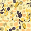 bananas and kiwi fruits on a soft yellow background