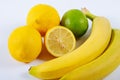 The concept of healthy eating, weight loss, . Bananas, lemon, lime