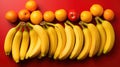 Bananas, oranges and apples on a red background, AI