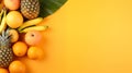 Bananas, oranges and pineapples on a yellow background Royalty Free Stock Photo