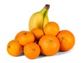 Bananas, oranges and tangerines isolated on white background