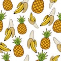 Bananas and pineapples, seamless pattern, fruit background. Drawing on a white , graphic art, cartoon. For the design Royalty Free Stock Photo