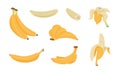 Bananas set. Cartoon logo collection of yellow banana peel, single and peeled tropical fruit, flat simple clip art of Royalty Free Stock Photo