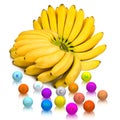 Bananas and trace elements in the form of balls with the designation of a trace element on a white background. 3D-rendering Royalty Free Stock Photo