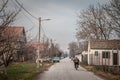 BANATSKO NOVO SELO, SERBIA -FEBRUARY 9, 2023: Typical countryside street in the village of Banatsko Novo Selo, serbian village of