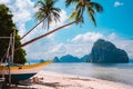 Banca boat on shore under palm trees.Tropical island scenic landscape. El-Nido, Palawan Royalty Free Stock Photo