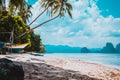 Banca boat on shore under palm trees.Tropical island scenic landscape. El-Nido, Palawan Royalty Free Stock Photo