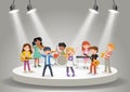 Band with cartoon children playing music on stage Royalty Free Stock Photo