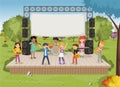 Band with cartoon children playing music on stage in the park Royalty Free Stock Photo