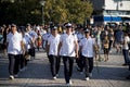 Band Group of Izmir Metropolitan Municipality walking on the road with musical instruments on the day of fancy woman bike tour