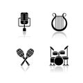 Band musical instruments drop shadow black glyph icons set