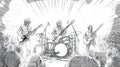 Rock band performing on stage to an excited crowd at a concert, black and white sketch Royalty Free Stock Photo