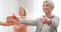 Band, yoga class and senior happy people stretching, listening and exercise arm for activity, retirement or club Royalty Free Stock Photo