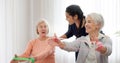 Band, yoga class and senior happy people stretching, listening and exercise arm for activity, retirement or club Royalty Free Stock Photo