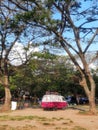 Street coffee van in the park. small mini bus food market with snacks