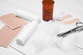 Bandage rolls and medical supplies on white wooden table, closeup Royalty Free Stock Photo