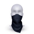 Bandana on mannequin. Human head. Black cotton fabric. Handkerchief tied at face. Casual headwear. Bandits mask. Bikers