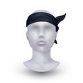 Bandana on mannequin. Human head. Black cotton fabric. Scarf tied on forehead. Trendy headwear. Biker or pirate