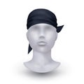 Bandana on mannequin. Realistic isolated element. Black textile headwear, unisex accessory for head and hair. Men and