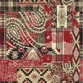 Bandana paisley native motifs and tartan plaid fabric patchwork Royalty Free Stock Photo