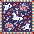 Bandana print with cute cartoon animals - unicorns, horse and cheerful monkey - on botanical background