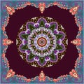 Bandana print with flower mandala and paisley ornamental frame in ethnic style.