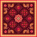 Bandana print with paisley, mandala, roses, fabulous birds and decorative border on brown background. Napkin, doily, cushion