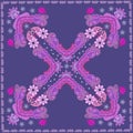 Bandana print with paisley ornament and flowers on lilac background. Fashionable accessory in ethnic style