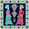 Bandana print with pretty females in vintage dress in russian style and ornamental border.