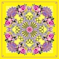 Bandana print, square carpet or doily with mandala, beautiful paisley ornament and bouquets of garden flowers on lemon yellow