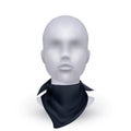 Bandana realistic on mannequin. Neck unisex textile modern casual accessory. Way to wear kerchief. Black cotton scarf