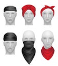 Bandanas set. Stylish clothes for bikers and gangsters mannequin head vector realistic Royalty Free Stock Photo