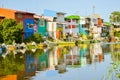 Bandar Anzali, Iran - 10th june, 2022: beautiful colorful iranian houses along wetlands river in Bandar Anzali, caspian sea coast