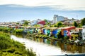 Bandar Anzali, Iran - 10th june, 2022: beautiful colorful iranian houses along wetlands river in Bandar Anzali, caspian sea coast