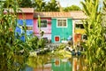 Bandar Anzali, Iran - 10th june, 2022: beautiful colorful iranian houses along wetlands river in Bandar Anzali, caspian sea coast