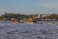 BANDAR SERI BEGAWAN, BRUNEI - FEBRUARY 27, 2018: Boats on Brunei river in front of Duli Pengiran Muda Mahkota Pengiran