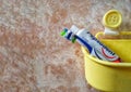 Bandar Seri Begawan / Brunei - May 19 2019 : Image of Tooth Brush and Pepsodent Toothpaste in a yellow bucket Royalty Free Stock Photo